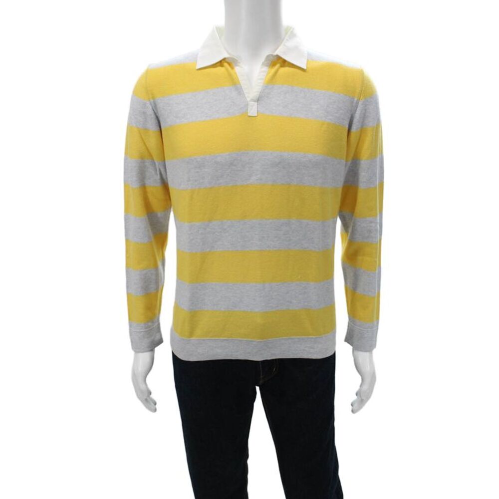 Peter Elliot Men's Polo Yellow Striped Cotton Long Sleeve Collared Size M